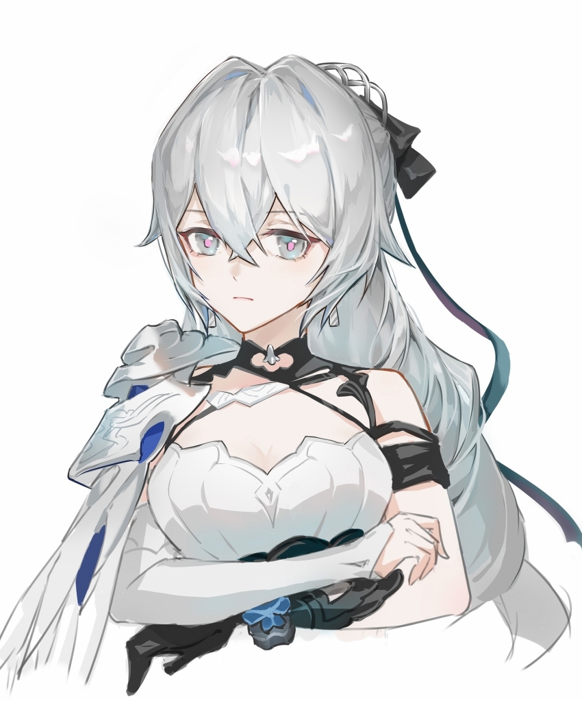 1girl bare_shoulders breasts bronya_zaychik bronya_zaychik_(silverwing:_n-ex) cleavage closed_mouth dress earrings gloves grey_eyes grey_hair hair_ornament highres honkai_(series) honkai_impact_3rd jewelry long_hair looking_at_viewer simple_background single_glove single_sleeve sleeveless sleeveless_dress solo white_background white_sleeves yexiuyexiuyexiu