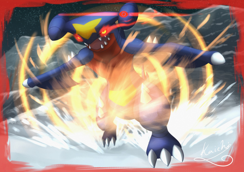 absurdres alpha_pokemon artist_name black_sclera border claws collarbone colored_sclera dragon full_body garchomp gen_4_pokemon glowing glowing_eyes highres kaichi_(tomiyu25) light_trail mountain night nintendo no_humans open_mouth orange_eyes outdoors pokemon pokemon_(creature) pokemon_legends:_arceus red_border running_towards_viewer sharp_teeth signature snow solo spikes standing star_(symbol) teeth