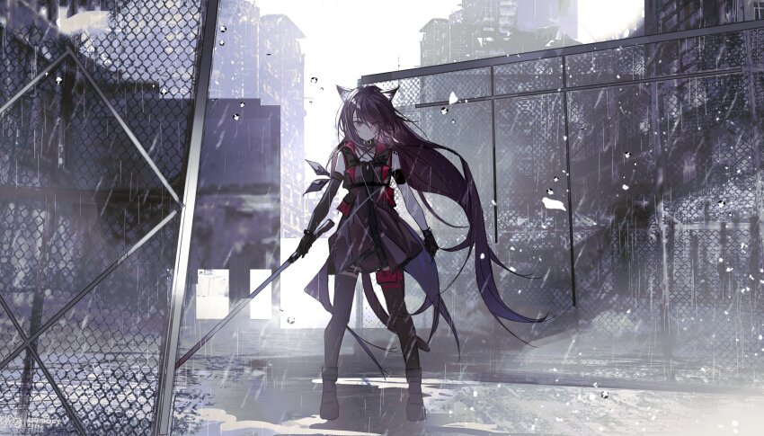1girl absurdres animal_ears arknights axleaki black_gloves black_shoes black_thighhighs cat_ears cat_girl cat_tail dress elbow_gloves full_body gloves highres holding holding_sword holding_weapon long_hair looking_at_viewer melantha_(arknights) purple_dress purple_eyes purple_hair rain shoes single_elbow_glove solo standing sword tail thighhighs very_long_hair weapon