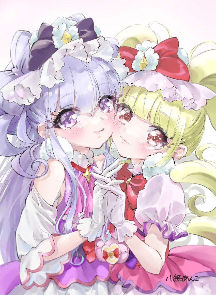 2girls aisaki_emiru blonde_hair blunt_bangs blush bow brown_eyes commentary_request cure_amour cure_macherie drill_hair duko gloves hair_bow heart_pouch highres holding_hands hugtto!_precure long_hair magical_girl multiple_girls precure puffy_short_sleeves puffy_sleeves purple_eyes purple_hair ruru_amour short_sleeves smile twin_drills white_background white_gloves