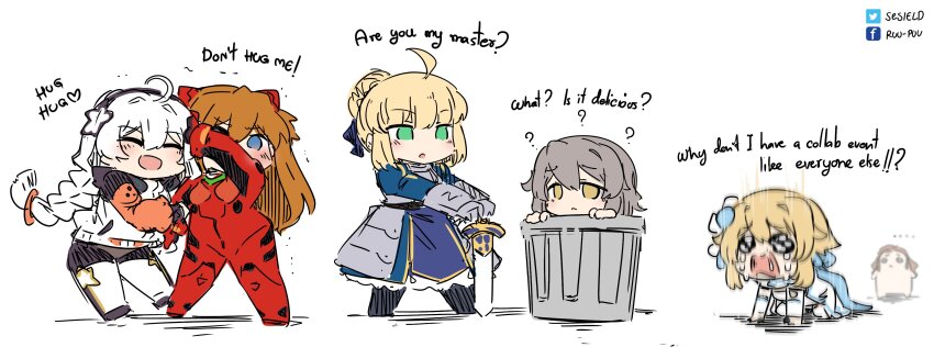 6+girls absurdres ahoge aloy_(horizon) armor armored_dress artoria_pendragon_(fate) asymmetrical_gloves benghuai_xueyuan black_gloves black_jacket blonde_hair blue_eyes bodysuit braid braided_bun breasts chibi crossover crying crying_with_eyes_open detached_sleeves dress english_text excalibur_(fate/stay_night) facebook_logo facebook_username fate/stay_night fate_(series) faulds feather_hair_ornament feathers flower gauntlets genshin_impact gloves green_eyes grey_hair hair_between_eyes hair_bun hair_ornament hair_ribbon hands_on_hilt highres honkai:_star_rail honkai_(series) honkai_impact_3rd horizon_(video_game) horizon_zero_dawn in_container in_trash_can interface_headset_(evangelion) jacket kiana_kaslana long_hair long_sleeves lumine_(genshin_impact) mecha_pilot_suit medium_breasts medium_hair mihoyo mismatched_gloves multiple_girls neon_genesis_evangelion open_mouth orange_hair plugsuit_(evangelion) ponytail red_bodysuit ribbon saber_(fate) sad scarf sesield short_hair short_hair_with_long_locks simple_background sleeve_rolled_up smile snot souryuu_asuka_langley stelle_(honkai:_star_rail) streaming_tears sword tears trailblazer_(honkai:_star_rail) trash_can twin_braids twitter_logo twitter_username very_long_hair weapon white_bodysuit white_dress white_flower white_hair white_scarf yellow_eyes