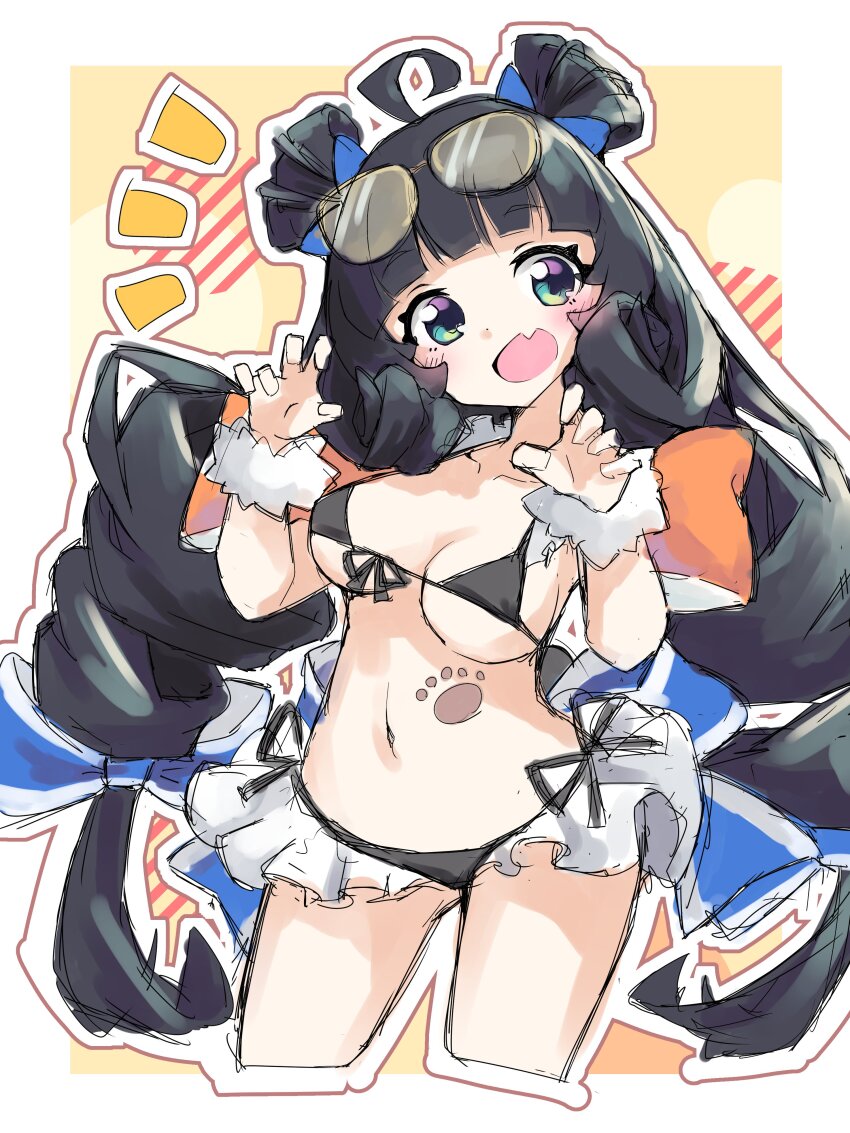 1girl absurdres ahoge bea_(vrchat) bikini black_bikini black_hair blush bow breasts claw_pose cropped_legs double_bun eyewear_on_head fang frilled_bikini frills front-tie_bikini_top front-tie_top green_eyes hair_bow hair_bun highres long_hair looking_at_viewer medium_breasts navel notice_lines open_mouth paw_print paw_print_background side-tie_bikini_bottom six_box skin_fang smile solo sunglasses swimsuit twintails very_long_hair vrchat