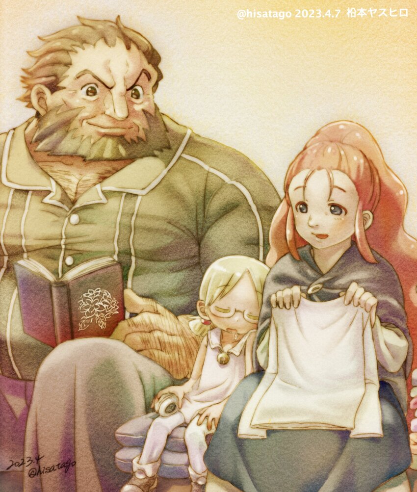 1boy 2girls beard bell black_capelet black_eyes black_hair black_skirt blonde_hair book capelet closed_mouth commentary dated facial_hair feet_out_of_frame folding_clothes glasses green_shirt habolg_(made_in_abyss) highres hisatago holding holding_book jingle_bell lafy_(made_in_abyss) long_hair made_in_abyss multiple_girls neck_bell open_mouth orange_hair pants pectoral_cleavage pectorals riko_(made_in_abyss) shirt short_hair sitting skirt sleeveless sleeveless_shirt smile twintails twitter_username very_long_hair very_short_hair wavy_hair white_pants white_shirt