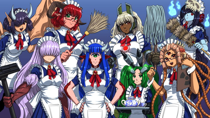 6+girls :d baron_of_hell bfg_9000_(personification) black-framed_eyewear black_hair blonde_hair blood_(game) blue_hair blue_skin brooch broom cacodemon colored_skin commentary covered_eyes cup cyclops dark-skinned_female dark_skin demon_girl doom_(series) doom_eternal duke_nukem_3d duster extra_eyes frown glasses green-framed_eyewear green_eyes green_hair hair_over_eyes hair_over_one_eye hands_on_own_hips highres hitodama holding holding_notepad holding_pen horns jewelry light_purple_hair long_hair looking_at_viewer maid maid_headdress mechanical_arms monster_girl mop multiple_girls nail_polish neck_ribbon notepad one-eyed open_mouth pen personification phantasm_(blood) pointy_ears quake_(series) quake_1 radiation_symbol red_eyes red_hair red_nails red_ribbon ribbon scales semi-rimless_eyewear shambler short_hair short_sleeves skull_on_head smile substance20 teapot tentacle_hair third_eye tray under-rim_eyewear vacuum_cleaner wings wrist_cuffs