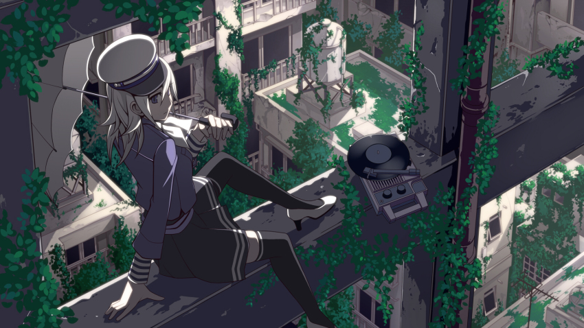1girl ama_no_jaku_(vocaloid) arm_support black_thighhighs blonde_hair blue_eyes female_focus hat high_heels highres jack_amano long_hair original overgrown phonograph plant ruins scenery shoes sitting skirt solo thighhighs torigoe_takumi umbrella vines vocaloid white_hair zettai_ryouiki