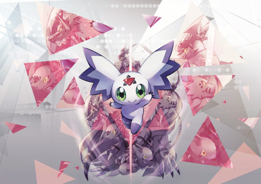 colored_skin culumon digimon digimon_(creature) digimon_card_game digimon_tamers dinosaur dukemon evolutionary_line facial_mark fewer_digits forehead_mark from_behind gigimon green_eyes growmon guilmon head_wings highres jyarimon knight looking_at_viewer looking_back megalogrowmon official_art red_skin second-party_source smile takase_(takase1214) white_skin wings yellow_eyes