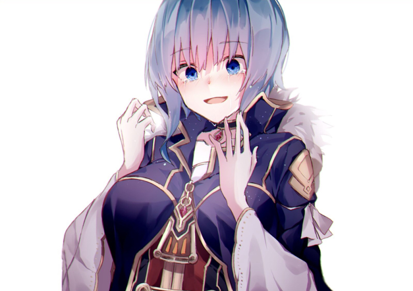 1girl black_choker blue_eyes blue_hair blue_jacket breasts choker collarbone crying crying_with_eyes_open fam_(grimms_notes) fur_trim gem grimms_notes hands_up iumi_urura jacket large_breasts open_mouth red_gemstone short_hair simple_background single_sidelock smile solo tears upper_body white_background white_sleeves wide_sleeves
