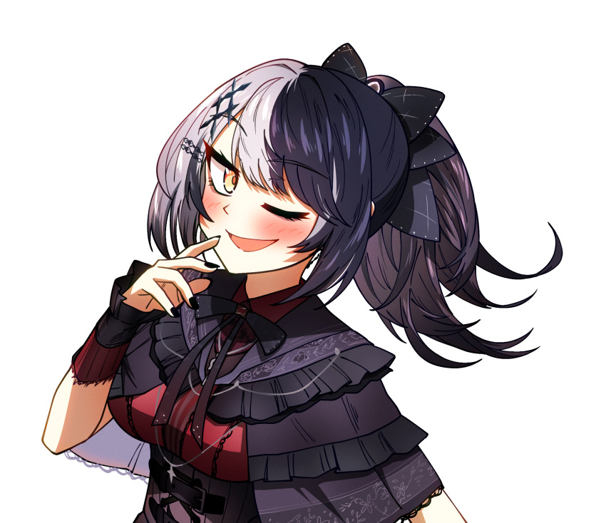 1girl black_capelet black_corset black_hair black_nails black_ribbon capelet corset ddolbang dress frilled_capelet frills gradient_hair grey_hair hair_ornament hair_ribbon high_ponytail highres hololive hololive_english lace-trimmed_capelet lace_trim multicolored_hair neck_ribbon one_eye_closed open_mouth ponytail red_dress ribbon shiori_novella solo split-color_hair transparent_background virtual_youtuber yellow_eyes