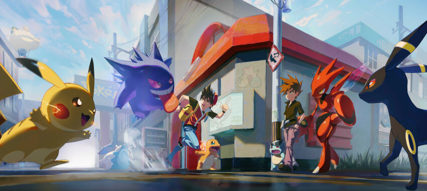 2boys absurdres aircraft blue_oak blue_pants building charmander chinese_commentary clenched_hands commentary_request day emo_qianzi fanny_pack gen_1_pokemon gen_2_pokemon gengar grass hand_in_pocket hat highres hot_air_balloon incredibly_absurdres male_focus multiple_boys nintendo outdoors pants pikachu pokemon pokemon_(creature) pokemon_adventures purple_pants red_(pokemon) red_hat red_vest running scizor shirt shoes snorlax squirtle standing umbreon vest wristband