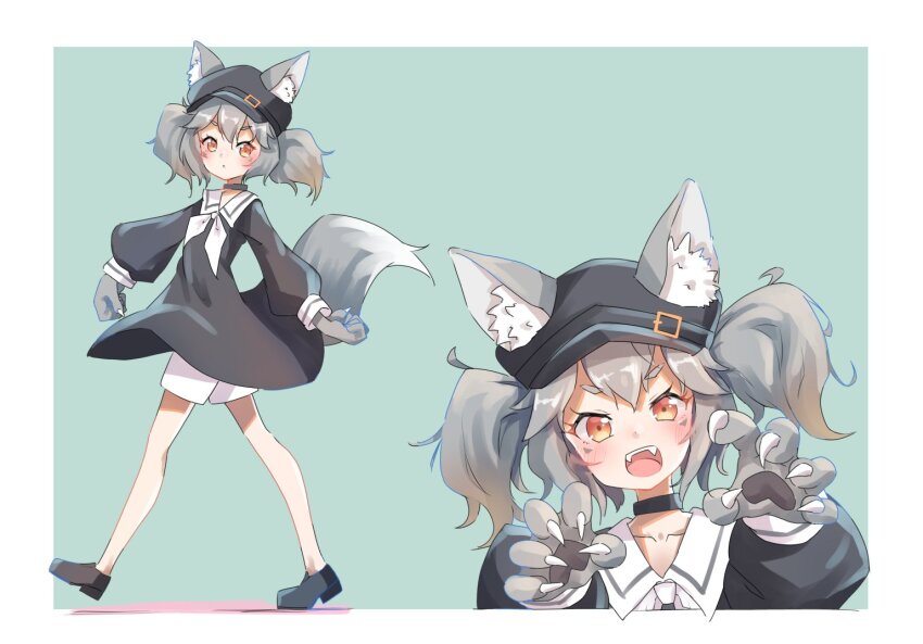 1girl :d animal_ear_fluff animal_ears animal_hands black_choker black_dress black_shoes blue_background blush brown_eyes brown_hair newsboy_cap choker claw_pose claws closed_mouth collar collarbone collared_dress dress ears_through_headwear fangs full_body gloves green_background grey_gloves grey_hair hair_between_eyes hat imiut long_hair long_sleeves looking_at_viewer medium_hair multicolored_hair multiple_views neckerchief open_mouth orange_eyes paw_gloves puffy_long_sleeves puffy_sleeves sailor_collar sailor_dress shadow shoes short_eyebrows short_twintails shorts simple_background six_box smile tail teeth thick_eyebrows twintails v-shaped_eyebrows vrchat walking white_neckerchief white_shorts wolf_ears wolf_girl wolf_tail