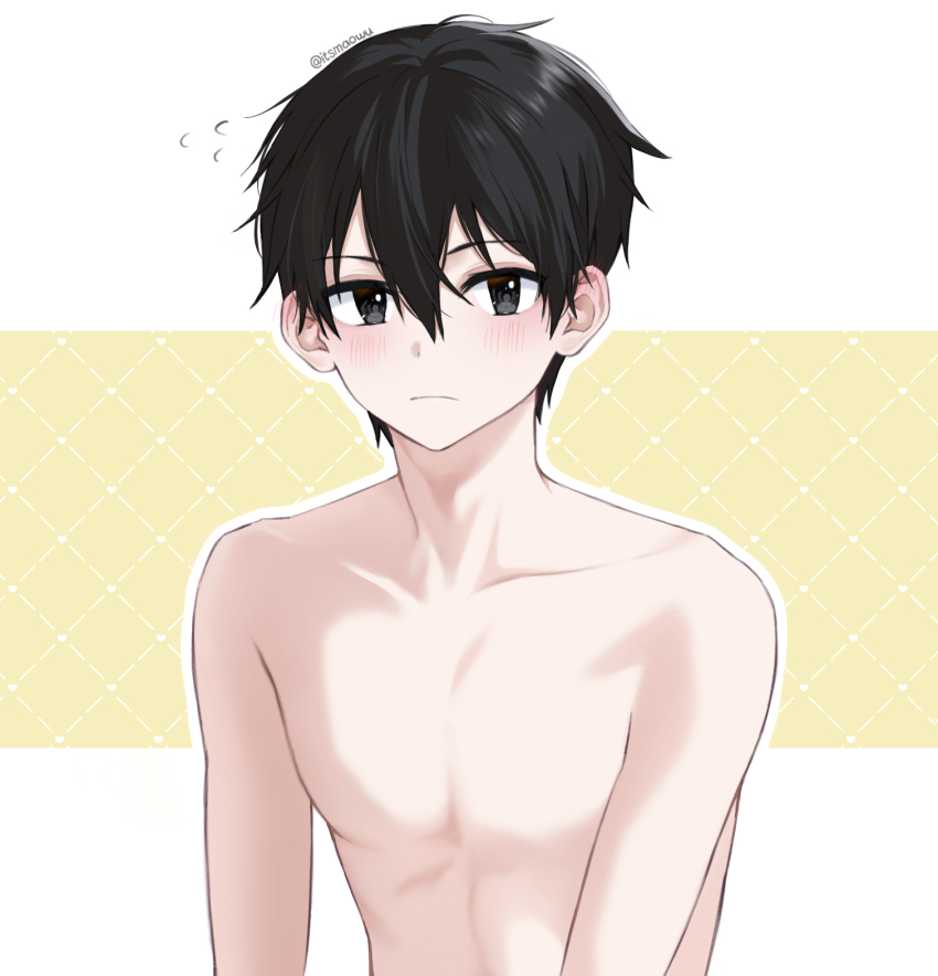 1boy black_eyes black_hair blush closed_mouth collarbone commentary ear_blush flying_sweatdrops hair_between_eyes highres istriri kirito looking_at_viewer male_focus messy_hair nude outline short_hair sitting solo sword_art_online upper_body white_outline