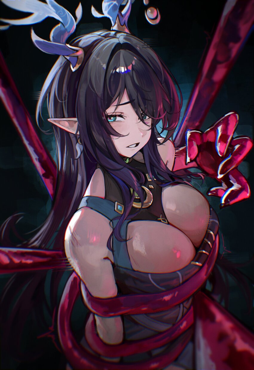 1girl absurdres antlers bare_shoulders bdsm bondage bound bound_arms breasts cleavage commentary deer_antlers dress genshin_impact hair_over_one_eye hashtag-only_commentary highres horns imminent_breast_grab imminent_grope large_breasts lauma_(genshin_impact) long_hair looking_at_viewer m3ru pointy_ears restrained sketch sweat