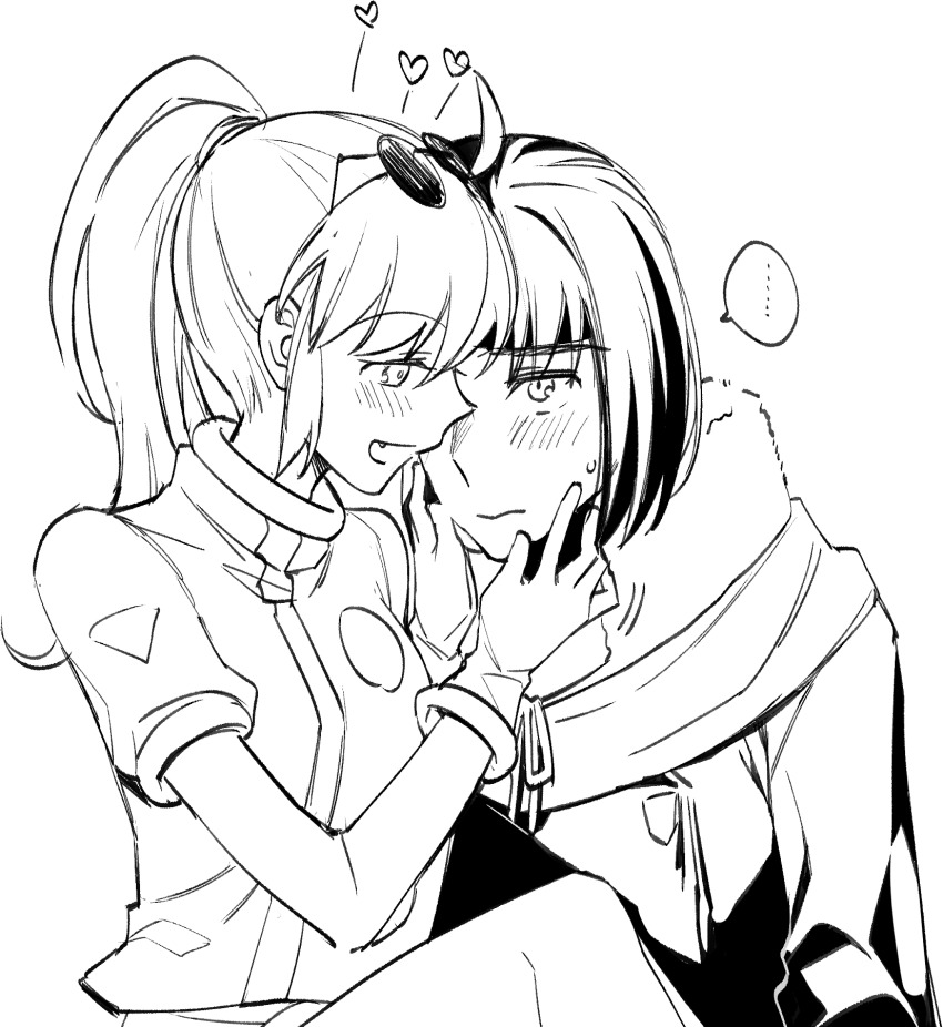 1boy 1girl ashton_anchors blush closed_mouth eyewear_on_head gloves greyscale highres long_hair monochrome open_mouth ponytail precis_neumann protected_link simple_background smile star_ocean star_ocean_the_second_story white_background ycco_(estrella)