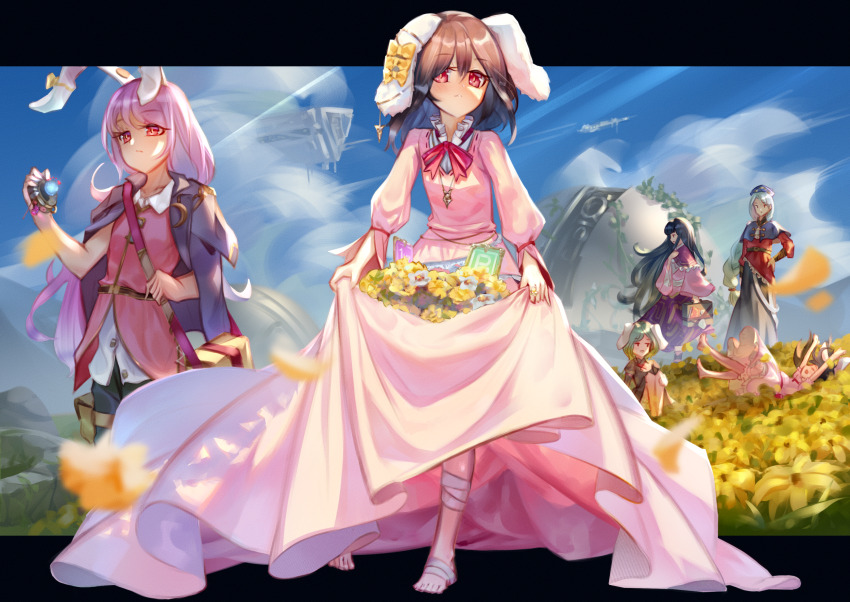 1up 6+girls alternate_costume animal_ears barefoot black_hair black_jacket black_pants black_skirt blue_capelet blue_hair blue_headwear blue_sky bomb_item_(touhou) bow braid braided_ponytail briefcase capelet closed_mouth cloud commentary crescent crescent_pin dress ear_bow earrings english_commentary expressionless field floppy_ears flower flower_field full_body grey_hair hair_between_eyes hat highres houraisan_kaguya inaba_mob_(touhou) inaba_tewi jacket jacket_on_shoulders jewelry letterboxed long_dress long_hair long_skirt looking_at_viewer medium_hair multiple_girls nurse_cap pants pink_dress pink_shirt pink_vest purple_skirt rabbit_ears rabbit_girl red_eyes red_shirt reisen_udongein_inaba science_fiction shirt single_braid skirt skirt_basket sky smile spacecraft tlobtr touhou very_long_hair vest white_shirt yagokoro_eirin yellow_bow yellow_flower