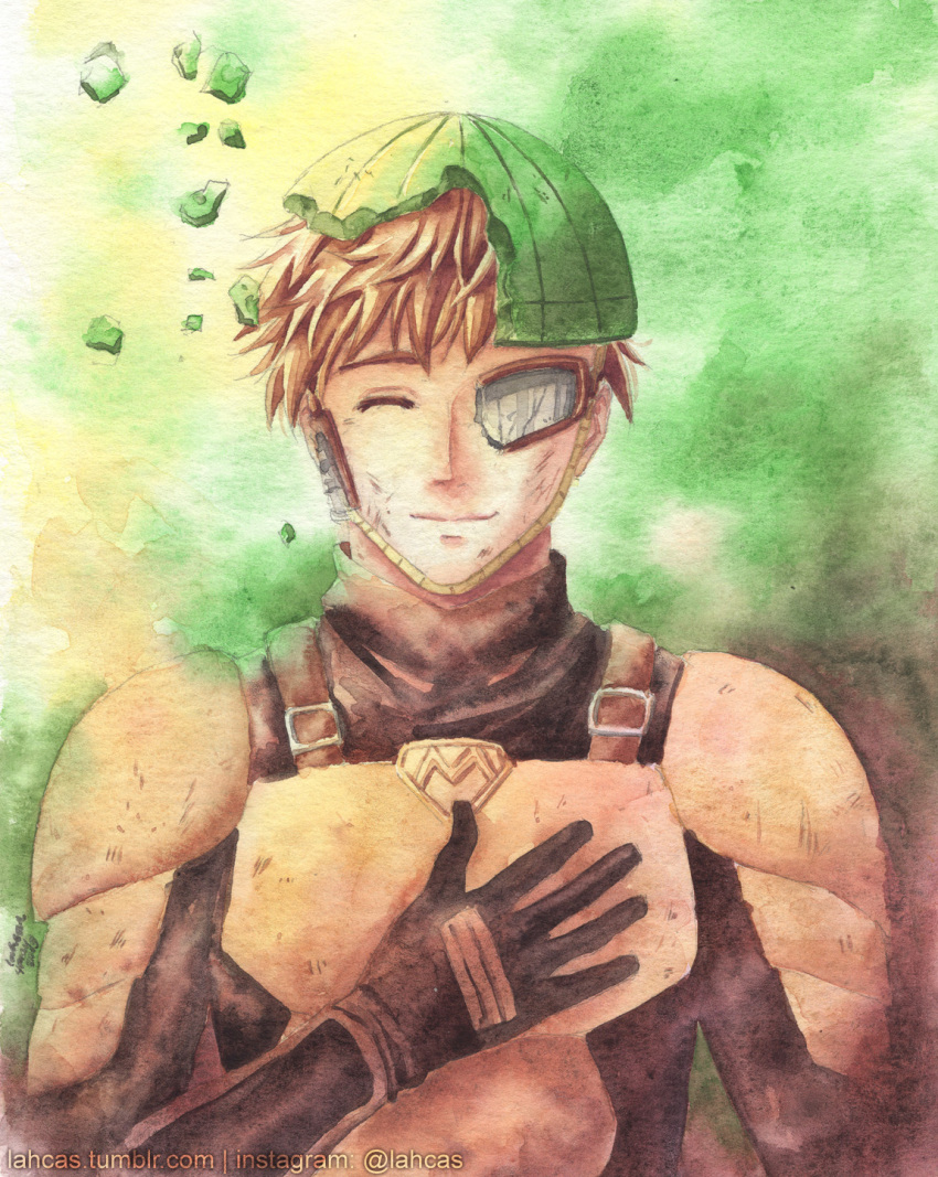 1boy armor black_gloves broken_helmet brown_hair closed_eyes dirty dirty_face facing_viewer gloves green_background hand_up highres lahcas male_focus mumen_rider one-punch_man painting_(medium) traditional_media upper_body watercolor_(medium) watermark web_address