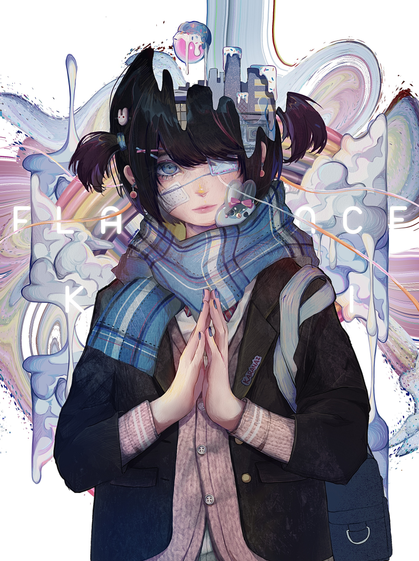 1girl absurdres black_hair blue_nails blue_scarf commentary earrings english_commentary eyepatch highres jewelry medical_eyepatch mikasamu original scarf short_hair short_twintails simple_background sprinkles twintails white_background