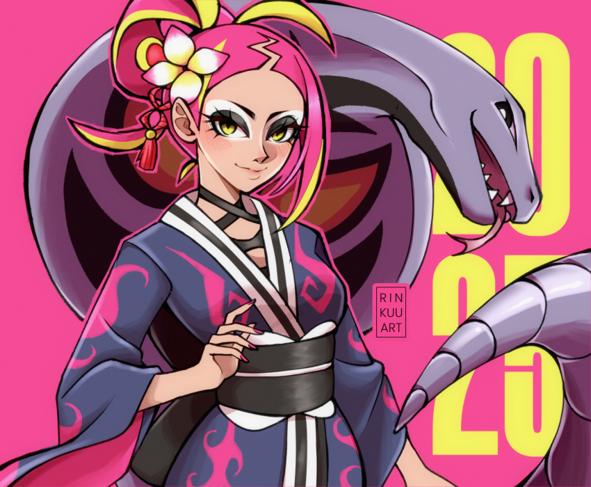 1girl 2025 alternate_costume alternate_hairstyle antenna_hair arbok arm_at_side arms_up artist_name asymmetrical_hair bangs_pinned_back black_eyeshadow black_sash blush breasts colored_skin commentary criss-cross_halter dark-skinned_female dark_skin dated english_commentary eyeshadow fangs gen_1_pokemon hair_tie hairdressing halterneck highres japanese_clothes kimono light_smile lips looking_at_viewer makeup medium_hair nintendo open_mouth pink_background pink_nails plumeria_(pokemon) pokemon pokemon_sm purple_kimono purple_skin rinkuu_art sash serious simple_background small_breasts smile snake snake_tail snake_tongue tail tassel white_eyeshadow wide_sleeves yellow_eyes