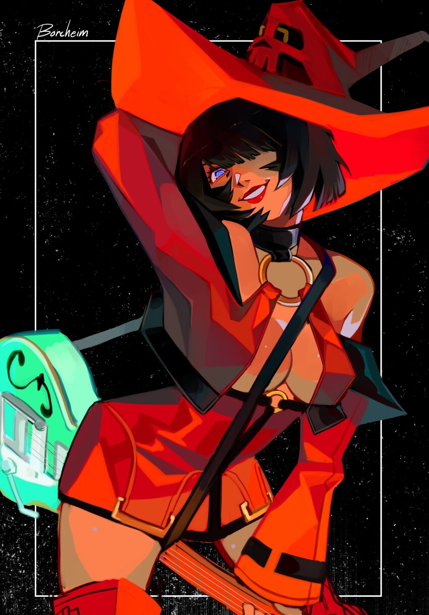 1girl absurdres arm_behind_head arm_up bare_shoulders black_choker black_hair boots borcheim breasts choker cleavage detached_sleeves electric_guitar grin guilty_gear guitar hair_over_one_eye hat highres i-no instrument large_breasts looking_at_viewer o-ring o-ring_top one_eye_covered red_boots red_hat red_leather red_lips short_hair simple_background smile solo thigh_boots upper_body witch_hat