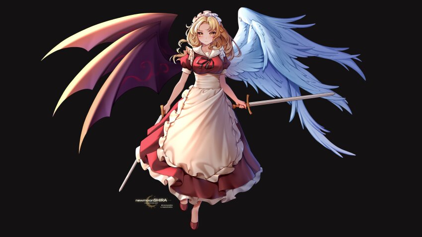 1girl absurdres angel_wings apron artist_name asymmetrical_wings black_background blonde_hair bow cosplay demon_wings dress dual_wielding highres holding long_hair maid maid_headdress newmoonshira puffy_short_sleeves puffy_sleeves red_dress ribbon sariel_(touhou) sariel_(touhou)_(cosplay) shinki_(touhou) shinki_(touhou)_(cosplay) short_sleeves simple_background solo sword touhou touhou_(pc-98) twitter_username weapon wings yellow_eyes yumeko_(touhou)