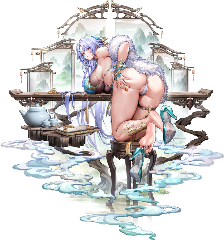 1girl armpit_crease armpits bare_back bare_legs bare_shoulders barefoot black_bra bra breasts character_request crosscore feet high_heels highres huge_breasts long_hair looking_at_viewer looking_back nail_polish official_art panties purple_hair soles table underwear white_panties
