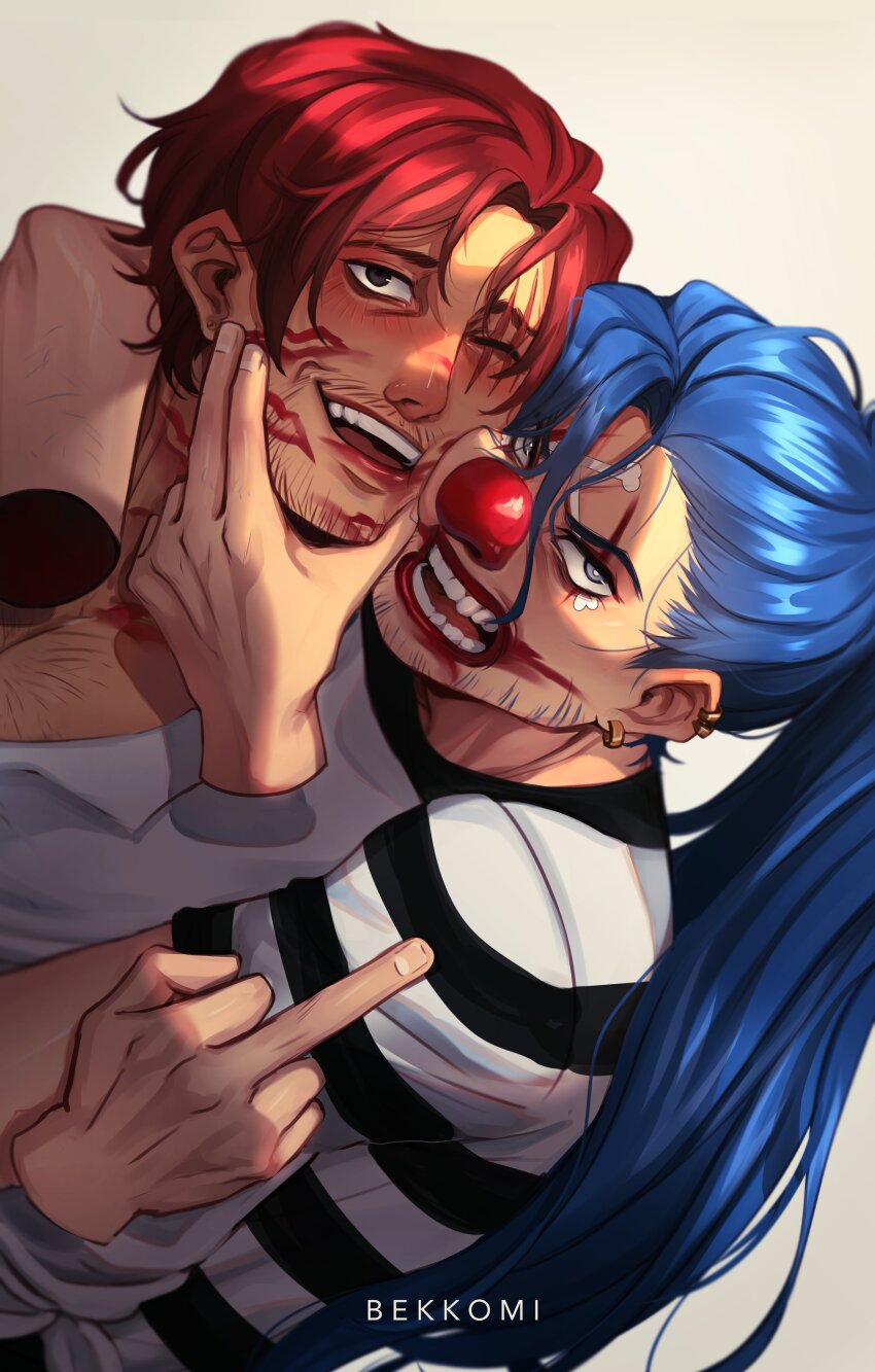 2boys absurdres after_kiss beard_stubble bekkomi blush buggy_the_clown devil_fruit_power disembodied_hand facepaint facial_hair from_above frown highres lipstick looking_at_viewer makeup male_focus mature_male middle_finger multiple_boys mustache_stubble official_alternate_costume official_alternate_hairstyle one_eye_closed one_piece prison_clothes sanpaku shanks_(one_piece) short_hair smeared_lipstick stubble thick_eyebrows tsurime yaoi