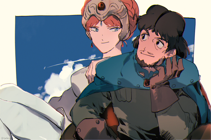 1boy 1girl beard black_hair blue_cape blue_eyes blue_gemstone blue_sky border breasts brown_gloves cape closed_mouth cloud commentary_request contrail dress facial_hair gem gloves green_shirt hand_on_another&#039;s_shoulder headpiece kaze_no_tani_no_nausicaa kurotowa kushana large_breasts long_sleeves looking_at_another mehve mustache_stubble orange_hair outside_border pantyhose red_gemstone serizawa_nae shirt short_hair sitting sky smile stubble white_border white_dress white_pantyhose