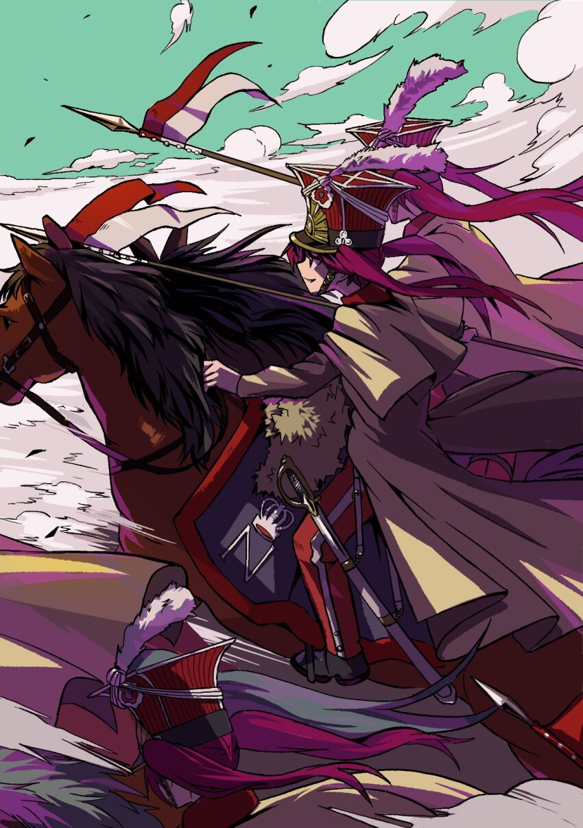 3girls army blue_sky boots brown_horse cavalry cavalry_sword charging_forward coat czapka flag france french_army hat highres holding holding_polearm holding_reins holding_weapon horse horseback_riding lance long_hair military military_uniform multiple_girls original pants poland polearm polish_flag red_hair reins riding saber_(weapon) saddle sky smile soldier spear stirrups_(riding) sword twintails weapon zeinikunosekai