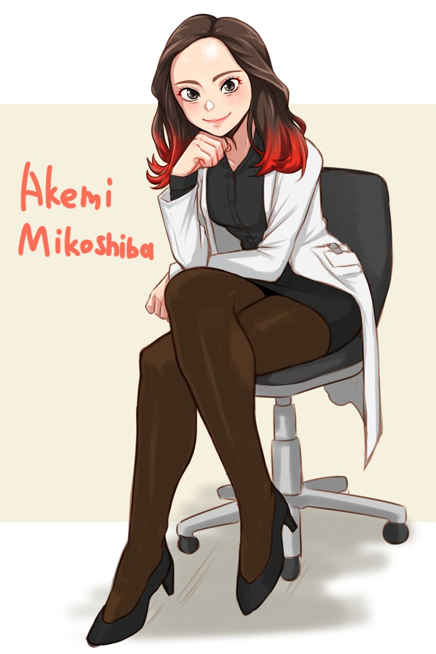 1girl black_hair black_pantyhose black_shirt coat doctor high_heels highres kamen_rider kamen_rider_revice long_hair mikoshiba_akemi open_clothes open_coat pantyhose shirt tight_skirt white_coat