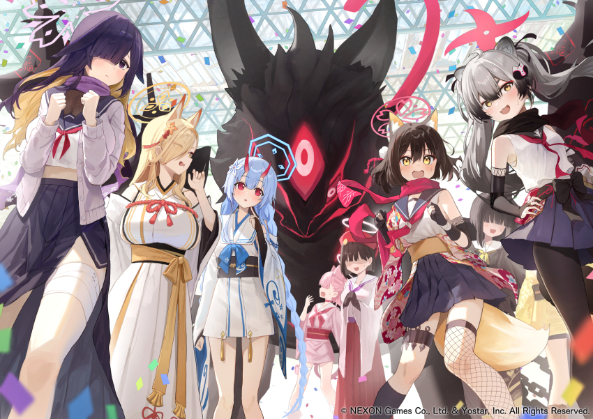 6+girls animal_ear_fluff animal_ears black_gloves black_hair black_pantyhose black_sash black_scarf black_socks blonde_hair blue_archive blue_hair blue_sailor_collar blue_skirt blush chise_(blue_archive) commentary_request elbow_gloves fishnet_thighhighs fishnets flower fox fox_ears fox_girl fox_tail gloves hair_between_eyes hair_flower hair_ornament hair_over_one_eye hakama hidulume highres hyakkiyako_alliance_academy_student_(blue_archive) izuna_(blue_archive) japanese_clothes kaho_(blue_archive) kimono kunai kurokage_(blue_archive) long_hair looking_at_another looking_at_viewer looking_to_the_side looking_up michiru_(blue_archive) multicolored_hair multiple_girls no_eyes obi official_art oni open_mouth pantyhose pink_hair pink_kimono pink_sailor_collar purple_eyes purple_hair purple_ribbon purple_sailor_collar purple_scarf purple_shirt rabbit_ears rabbit_girl raccoon_ears raccoon_girl red_eyes red_flower red_hakama red_ribbon red_sash red_scarf ribbon sailor_collar sash scarf shaded_face shirt sidelocks single_thighhigh skirt socks sweatdrop tail thigh_strap thighhighs tsukuyo_(blue_archive) twintails weapon white_flower white_kimono white_sailor_collar white_shirt white_thighhighs wide_sleeves yellow_eyes yellow_sash