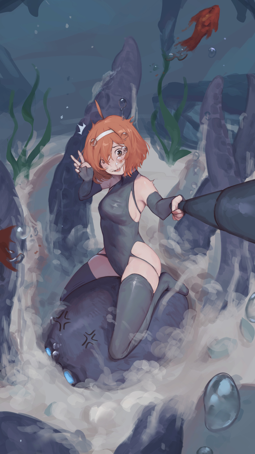 1girl ^^^ absurdres anger_vein antenna_hair armpits bare_shoulders black_gloves black_one-piece_swimsuit black_thighhighs blowing_bubbles bob_cut boulder breasts brown_eyes brown_hair bubble commentary elbow_gloves english_commentary fingerless_gloves fish full_body gloves hair_over_one_eye hairband halterneck head_tilt highres kelp kneeling messy_hair octopus on_ground one-piece_swimsuit open_mouth original raised_eyebrows rock rou_(rou22) sand selfie selfie_stick small_breasts smile solo surprised swimsuit tentacles thighhighs underwater v white_hairband worried
