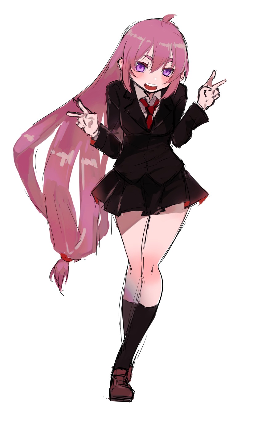 1girl absurdres agtt25333 ahoge alternate_costume alternate_hairstyle black_skirt black_socks blazer blush collared_shirt cosplay double_v female_focus full_body hair_between_eyes hair_tie hatsushimo_(kancolle) hatsushimo_(kancolle)_(cosplay) highres jacket kantai_collection kneehighs loafers long_hair long_sleeves looking_at_viewer low-tied_long_hair necktie nenohi_(kancolle) open_mouth pink_hair pleated_skirt purple_eyes red_necktie round_teeth shirt shoes simple_background skirt smile socks solo teeth v white_background white_shirt