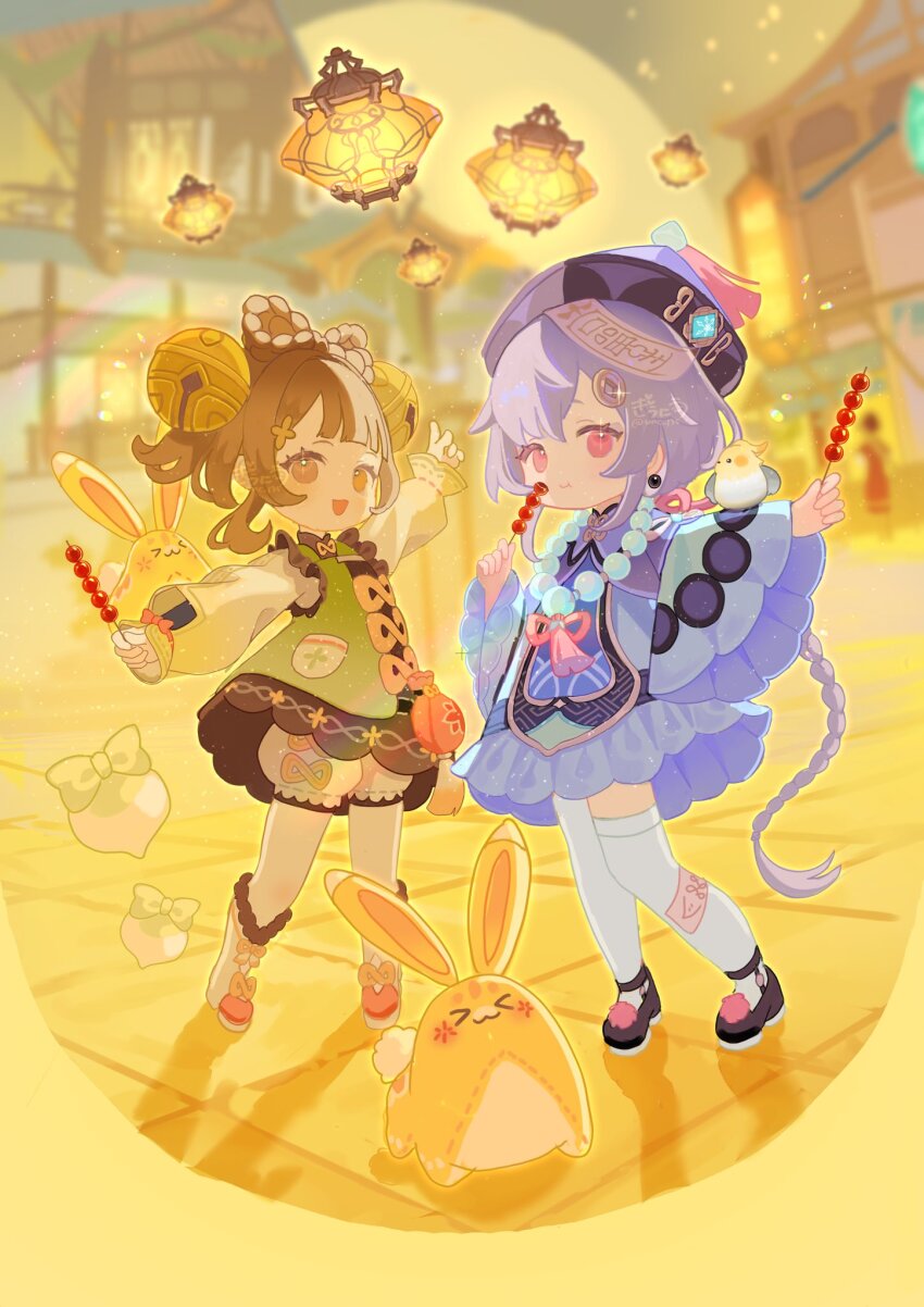 2girls :d :t animal_on_arm architecture arm_up artist_name bag bead_necklace beads bell bird bird_on_arm black_dress black_shoes bloomers blue_dress blunt_bangs blurry blurry_background blush boots bow bow-shaped_hair braid braided_ponytail brown_eyes brown_hair building china_dress chinese_clothes closed_mouth coin coin_hair_ornament commentary_request dress earrings east_asian_architecture eating food frilled_dress frills fur-trimmed_boots fur_trim genshin_impact giuniu_(unc_135) gradient_sleeves green_jacket hair_bell hair_between_eyes hair_ornament hat hat_tassel highres holding holding_food jacket jewelry jingle_bell lantern light_particles long_hair long_sleeves looking_at_viewer medium_hair multiple_girls necklace ofuda ofuda_on_head open_mouth orange_bow paper_lantern pom_pom_(clothes) puffy_long_sleeves puffy_sleeves purple_dress purple_eyes purple_hair purple_hat qingdai_guanmao qiqi_(genshin_impact) radish rainbow shoes sidelocks single_braid sky_lantern smile sphere_earrings standing stuffed_animal stuffed_rabbit stuffed_toy tanghulu tassel thighhighs tile_floor tiles twitter_username underwear very_long_hair vision_(genshin_impact) white_bloomers white_boots white_thighhighs wide_sleeves yaoyao_(genshin_impact) yuegui_(genshin_impact)