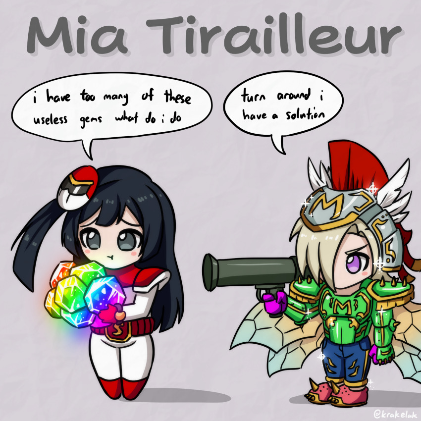 2girls :t aiming armor belt black_hair blonde_hair bodysuit breastplate chibi chibi_only closed_mouth crocs english_text finger_on_trigger gem gloves green_armor grey_background grey_eyes hair_over_one_eye helm helmet highres holding holding_gem holding_rocket_launcher holding_weapon insect_wings krakelak long_hair long_sleeves love_live! love_live!_nijigasaki_high_school_idol_club mask mask_on_head mia_taylor multiple_girls no_mouth one_eye_covered one_side_up pout pun purple_eyes purple_gloves red_belt red_footwear rocket_launcher shadow short_hair sidelocks speech_bubble spiked_footwear text_focus twitter_username weapon white_bodysuit wings yuki_setsuna