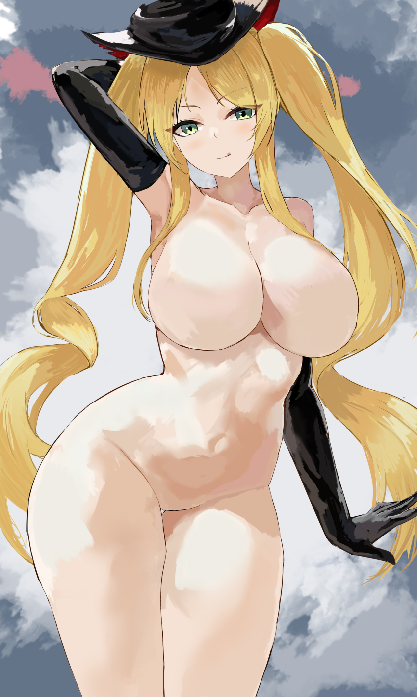 1girl absurdres arm_behind_head arm_up azur_lane black_gloves black_hat blonde_hair breasts elbow_gloves gloves green_eyes hat highres hornet_(azur_lane) hornet_(meta)_(azur_lane) large_breasts long_hair navel no_nipples no_pussy nude parted_bangs smile solo suo_bu_ye_feng thighs twintails very_long_hair
