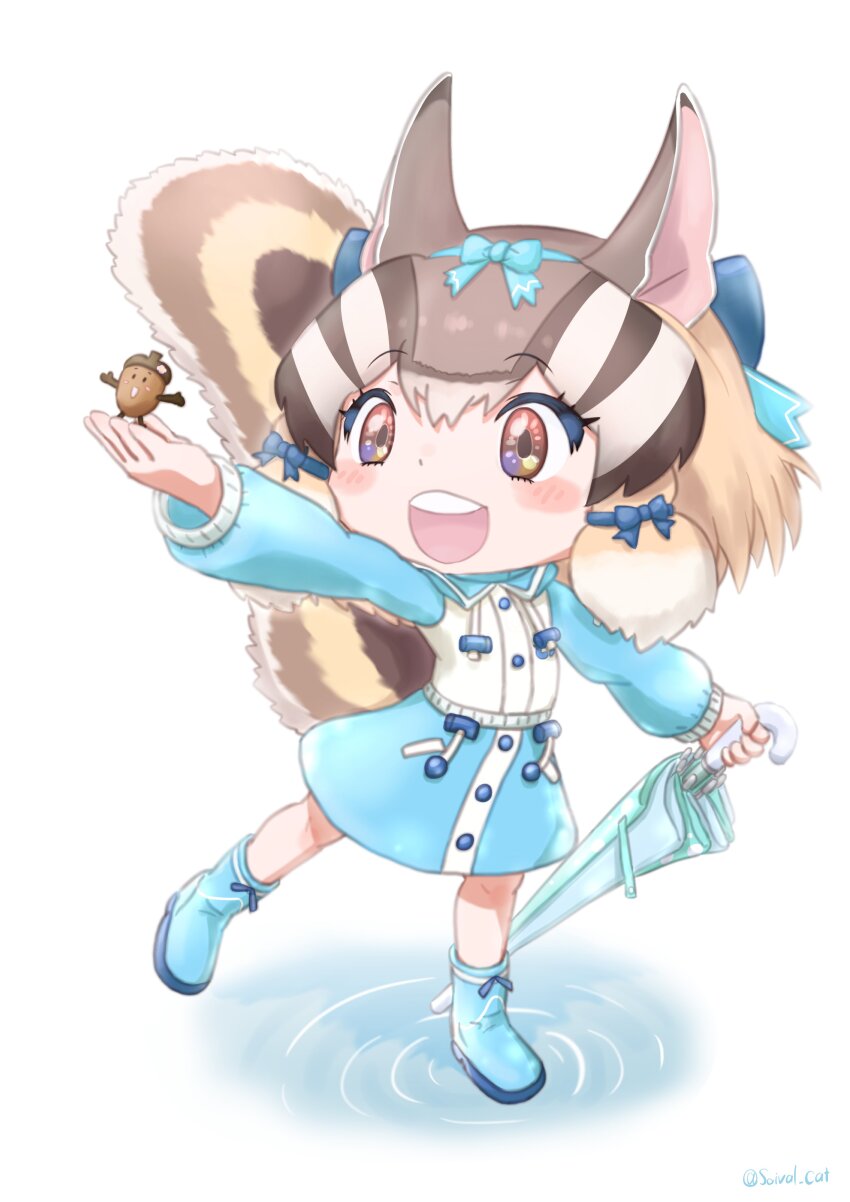 1girl absurdres acorn animal_ears blue_ribbon boots brown_eyes brown_hair chipmunk_ears chipmunk_girl chipmunk_tail extra_ears full_body highres kemono_friends kemono_friends_v_project raincoat ribbon saival_cat short_hair siberian_chipmunk_(kemono_friends) simple_background tail umbrella virtual_youtuber