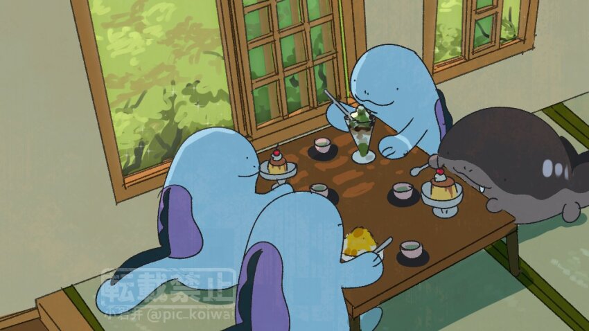 clodsire commentary_request creatures_(company) cup drooling food game_freak gen_2_pokemon holding holding_spoon ice_cream nintendo no_humans open_window pic_koiwai pokemon pokemon_(creature) pudding quagsire spoon sundae table tatami twitter_username watermark window