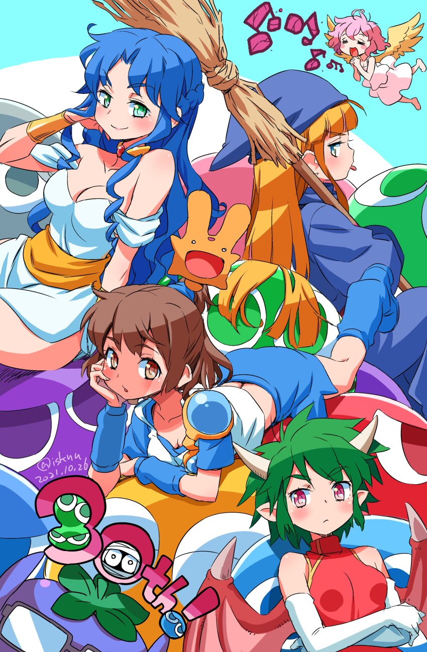 5girls absurdres anniversary arle_nadja artist_name bad_singing bare_arms bare_shoulders barefoot beamed_eighth_notes bird_wings black-framed_eyewear blob blonde_hair blue_arm_warmers blue_boots blue_dress blue_eyes blue_hair blue_shirt blue_skirt blunt_bangs boots braid breasts broom brown_eyes brown_hair carbuncle_(puyopuyo) china_dress chinese_clothes cleavage closed_eyes collar commentary_request creature dated draco_centauros dragon_girl dragon_horns dragon_wings dress eighth_note elbow_gloves feathered_wings flying foot_up gem glasses gloves green_eyes green_hair grey_eyes hair_flip half-closed_eyes half_up_braid hand_in_own_hair hand_up harpy_(puyopuyo) head_rest highres holding holding_broom horns interlocked_fingers isedaichi_ken long_hair looking_at_viewer looking_back looking_to_the_side lying medium_breasts midriff multiple_girls mummy mummy_(puyopuyo) music musical_note nasu_grave off-shoulder_dress off_shoulder on_stomach open_mouth own_hands_clasped own_hands_together parted_lips phrygian_cap pink_eyes purple_eyes puyo_(puyopuyo) puyopuyo red_dress red_eyes red_gemstone red_wings rulue_(puyopuyo) seductive_smile shirt short_hair side_slit singing single_shoulder_pad skirt sleeveless sleeveless_dress small_breasts smile swept_bangs tank_top tongue tongue_out twitter_username vambraces very_long_hair white_dress white_gloves white_tank_top wings witch_(puyopuyo) yellow_wings