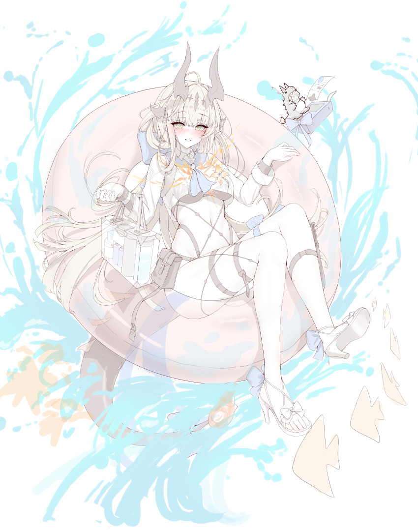 1girl :d absurdres arknights bikini black_bikini blonde_hair blue_neckerchief blue_sailor_collar blush bright_pupils commentary crop_top cropped_shirt english_commentary flower full_body grin high_heel_sandals high_heels highres innertube lilac_(k32420276) long_hair long_sleeves looking_at_viewer navel neckerchief nose_blush official_alternate_costume open_mouth pouch reed_(arknights) reed_the_flame_shadow_(arknights) reed_the_flame_shadow_(summer_flower)_(arknights) sailor_collar sandals see-through_clothes see-through_shirt shirt shoe_soles shoes smile solo swim_ring swimsuit tail transparent unfinished very_long_hair white_pupils white_shirt white_shoes yellow_eyes yellow_flower