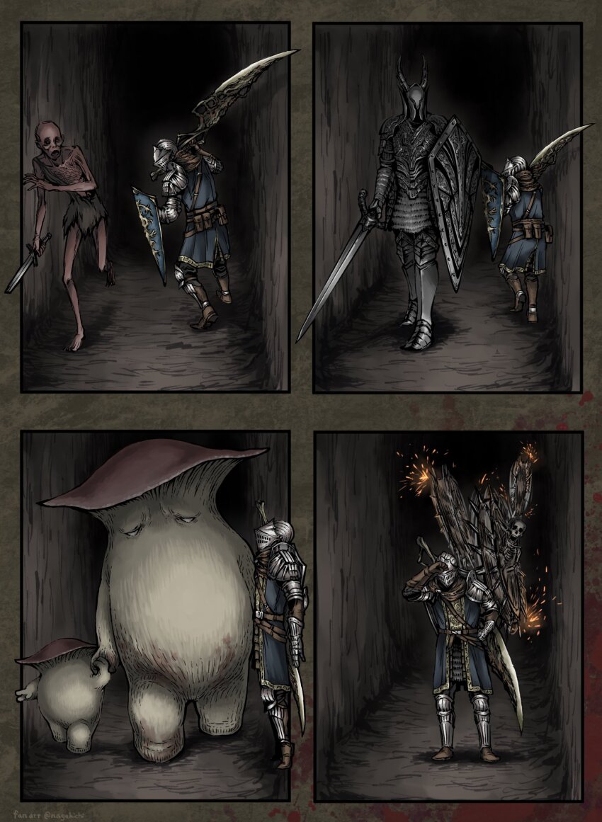 ambiguous_gender armor black_armor black_knight_(dark_souls) blood boots broken broken_sword broken_weapon chosen_undead commentary_request dark_souls_(series) dark_souls_i fake_horns full_armor gauntlets height_difference helmet highres holding holding_hands holding_shield holding_sword holding_weapon hollow_(dark_souls) horned_helmet horns knight mushroom mushroom_child mushroom_parent nagekichi over_shoulder shield skeleton skull sword sword_over_shoulder unsheathed weapon weapon_over_shoulder