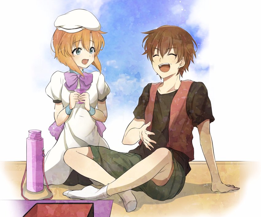 1boy 1girl bento black_legwear black_shirt blue_eyes blush bow brown_hair closed_eyes crossed_legs cup dress green_shorts hat highres higurashi_no_naku_koro_ni holding holding_cup laughing laughing_man_(gits) maebara_keiichi open_mouth orange_hair pink_bow red_vest ryuuguu_rena shirt short_hair shorts shosudo sitting sky socks vest white_dress white_headwear white_legwear