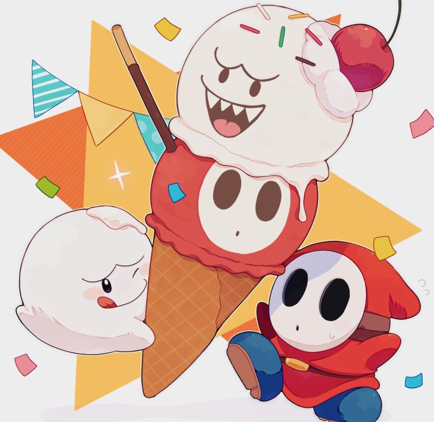 abstract_background belt blue_boots blush_stickers boo_(mario) boots brown_belt cherry confetti food fruit highres ice_cream_cone licking_lips mario_(series) mofupoyo nintendo one_eye_closed red_robe robe shy_guy tongue tongue_out white_mask