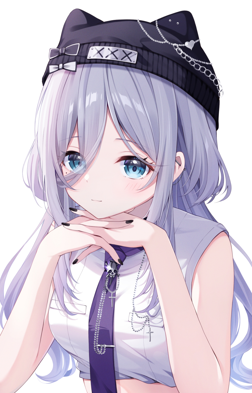 1girl absurdres arm_rest barbell_piercing bare_shoulders beanie black_hat black_nails blue_eyes cropped_shirt double-parted_bangs ear_chain ear_piercing grey_hair hair_between_eyes hat head_rest highres industrial_piercing interlocked_fingers kaga_sumire kaga_sumire_(2nd_costume) lupinus_virtual_games mole mole_under_eye necktie piercing purple_necktie shinshia_(sinsia_0928) shirt simple_background sleeveless sleeveless_shirt solo tie_clip upper_body virtual_youtuber vspo! white_background