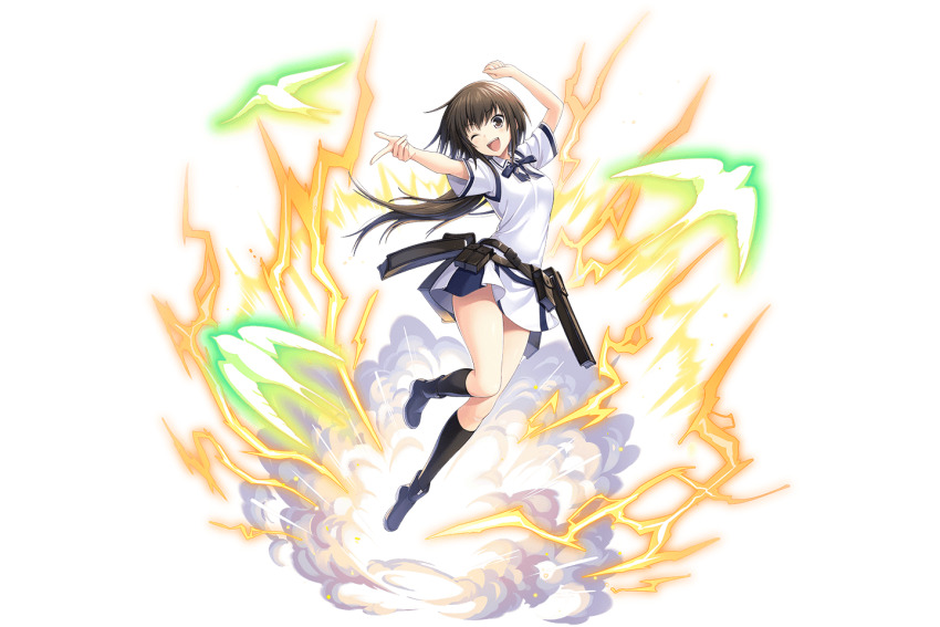 1girl ;d bare_legs bird black_eyes black_footwear black_hair breasts dress full_body game_cg kamihime_project large_breasts lightning long_hair looking_at_viewer maji_de_watashi_ni_koi_shinasai! matsunaga_tsubame official_art one_eye_closed open_mouth pointing pointing_at_viewer smile thighs white_dress