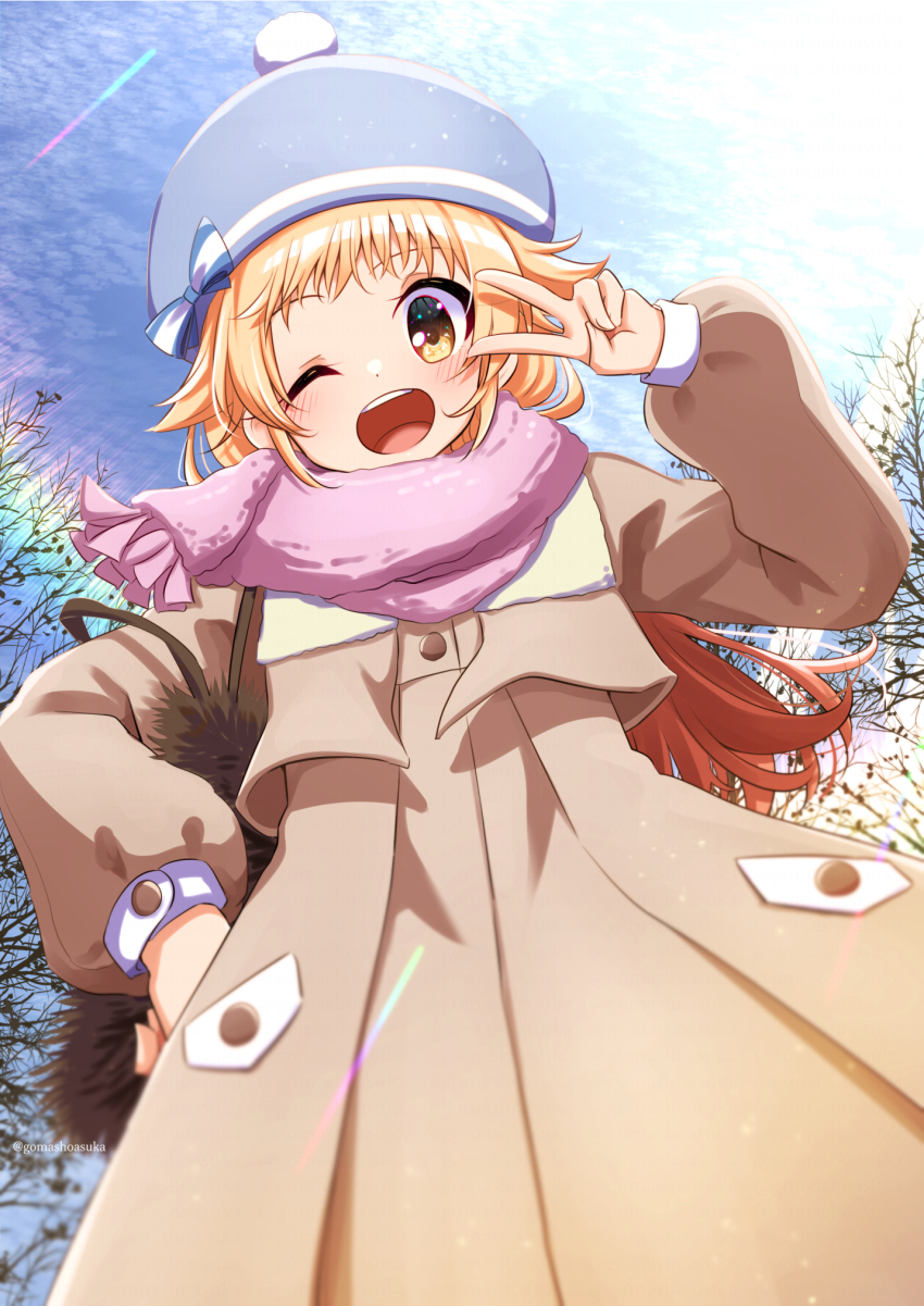 1girl ;d artist_name bag bare_tree blonde_hair blue_bow blue_hat bow brown_coat coat day gomasho_asuka hand_on_own_hip hand_up handbag hat hat_bow highres long_hair one_eye_closed open_mouth original outdoors pink_scarf scarf smile striped_bow tree v yellow_eyes