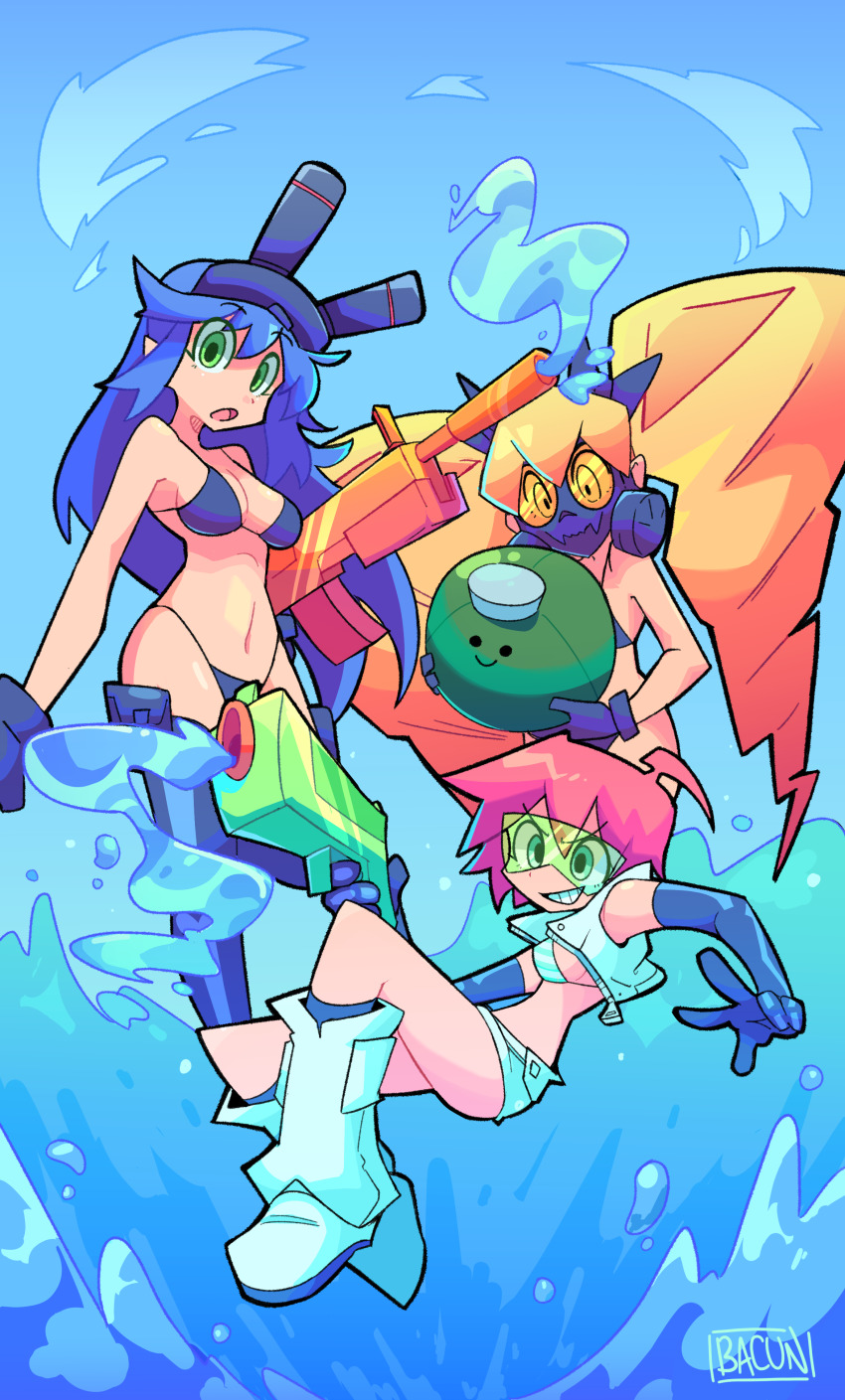 3girls absurdres artist_name bacun bikini black_bikini black_gloves blonde_hair blue_bikini blue_hair boots breasts cleavage commentary drill_hair elbow_gloves english_commentary frag_(trigger) gas_mask gloves green_eyes grin highres large_breasts long_hair looking_at_viewer luluco mask medium_breasts multiple_girls muzzle_(trigger) navel open_mouth parted_lips pink_hair short_hair smile spring_(trigger) striped_bikini striped_clothes swimsuit teeth trigger-chan trigger_(company) twin_drills uchuu_patrol_luluco very_long_hair water_gun white_footwear