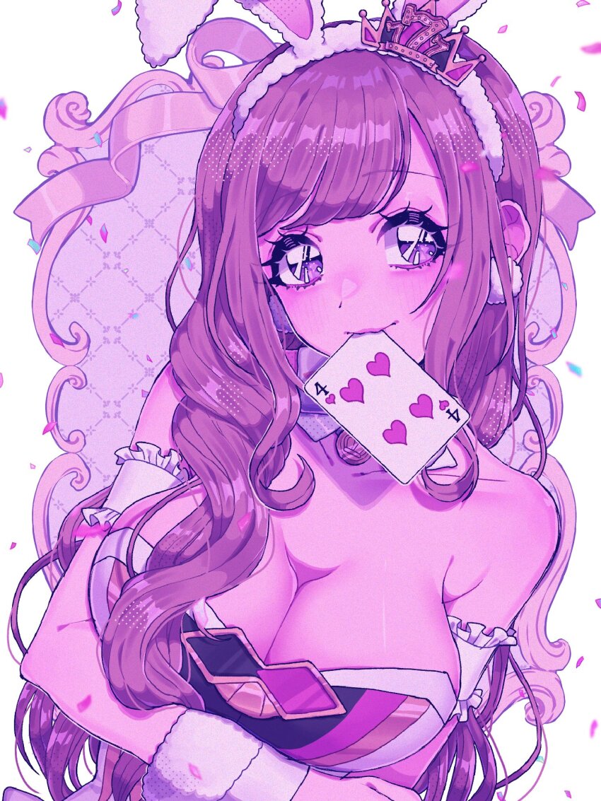 1girl animal_ears bare_shoulders breasts brown_hair card choker chon_tarou cleavage d4dj earrings fake_animal_ears frills heart heart_card highres jewelry large_breasts leotard long_hair mizushima_marika mouth_hold playboy_bunny purple_eyes rabbit_ears solo upper_body