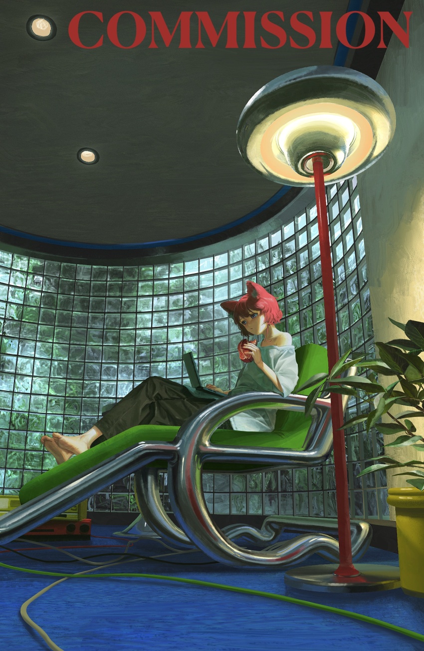 1girl absurdres animal_ears bare_shoulders barefoot cat_ears chair commission computer expressionless flat_chest floor_lamp food full_body glass grey_eyes highres indoors kanikumi_toi lamp laptop lounge_chair meat original pink_hair plant potted_plant shirt short_hair solo