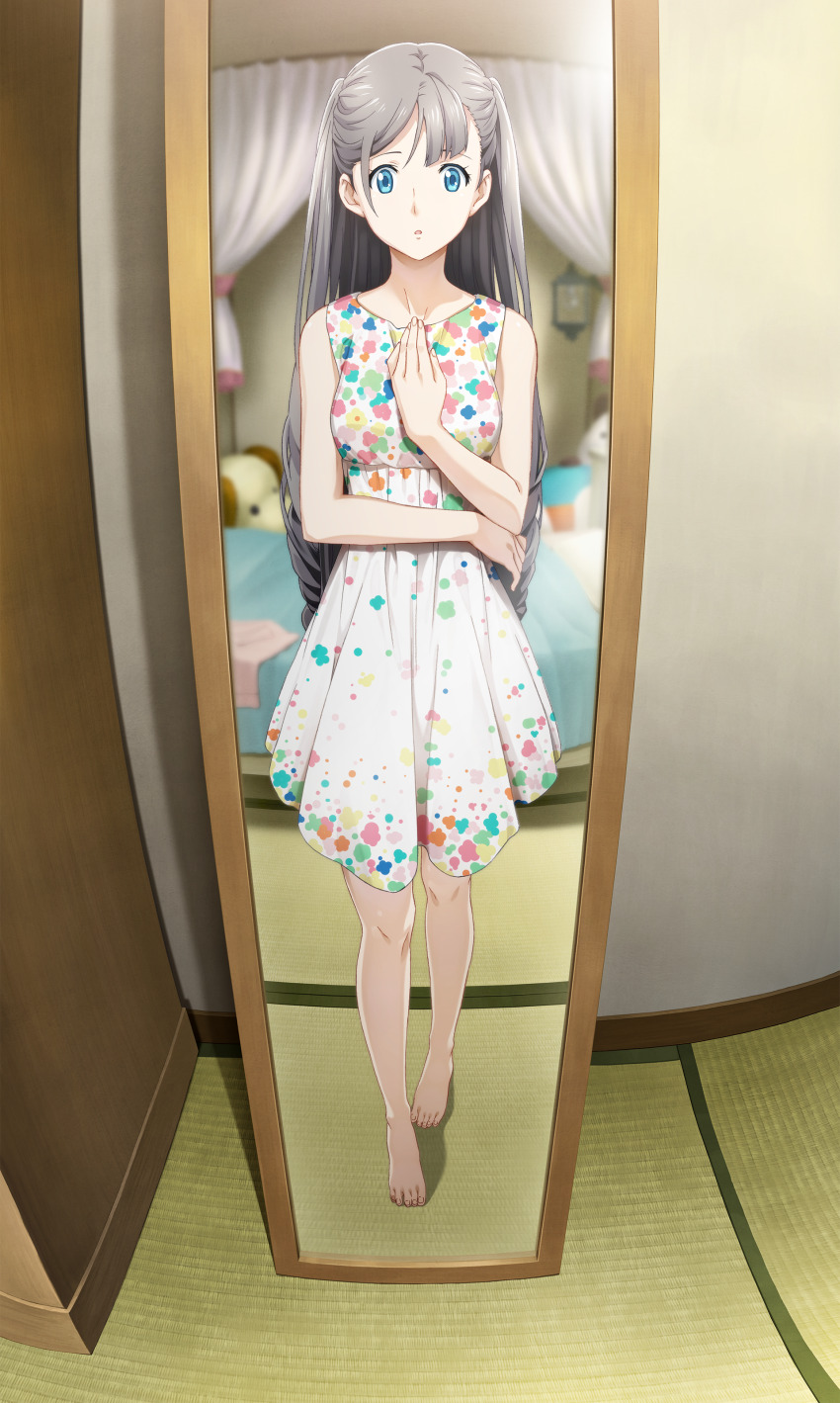 1girl :o absurdres bare_legs bare_shoulders barefoot bedroom blue_eyes casual collarbone dress ears_visible_through_hair feet female_pov floral_print fukuda_tomonori full_body game_cg grey_hair highres indoors long_hair looking_at_viewer mirror non-web_source official_art pov robotics;notes robotics;notes_dash shiny_eyes sleeveless sleeveless_dress solo stuffed_toy sundress tareme tatami yukifune_airi