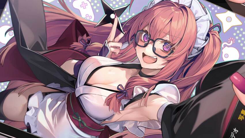 1girl @_@ ahoge apron armpits breasts cellphone cleavage detached_sleeves embarrassed end_card fang hair_between_eyes hair_ribbon highres holding holding_shuriken holding_weapon ideura_shizuri_(neet_kunoichi) large_breasts long_hair maid maid_apron maid_headdress nail_polish neet_de_otaku_na_kunoichi_to_naze_ka_dousei_hajimemashita official_art open_mouth phone pink_hair purple_eyes purple_ribbon red_nails ribbon screen selfie shirokitsune shuriken sidelocks smartphone solo teeth two_side_up upper_teeth_only very_long_hair weapon wide_sleeves