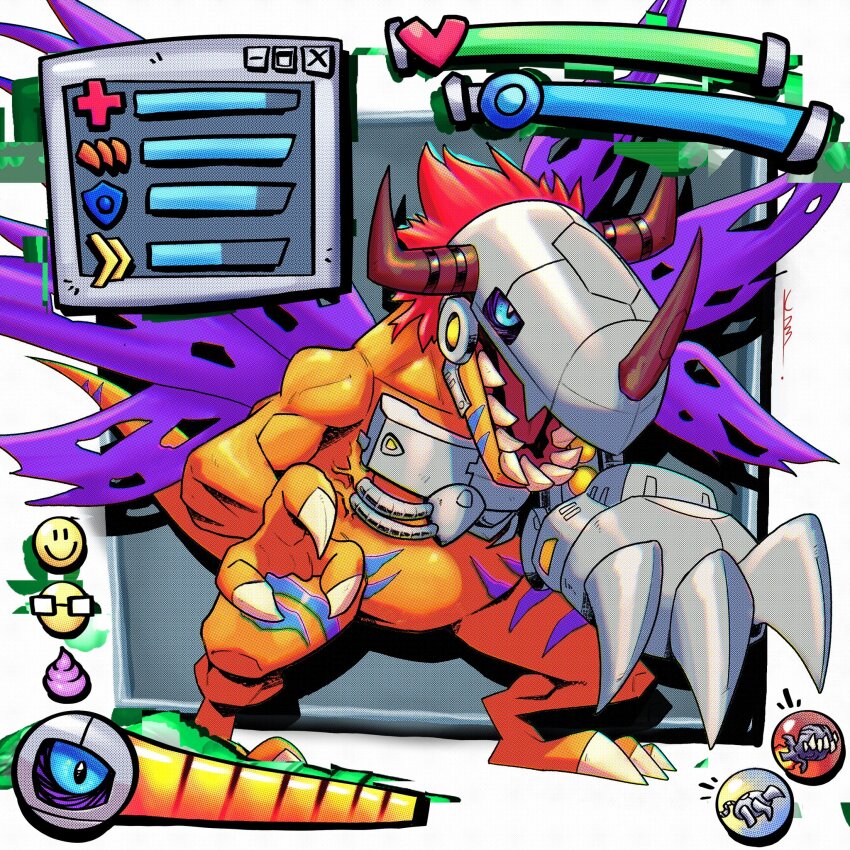 blue_eyes cyborg digimon digimon_(creature) digimon_world dinosaur gameplay_mechanics health_bar highres lbrightbladel mechanical_arms metalgreymon multiple_wings no_humans purple_wings red_hair sharp_teeth short_hair single_mechanical_arm solo teeth torn_wings wings